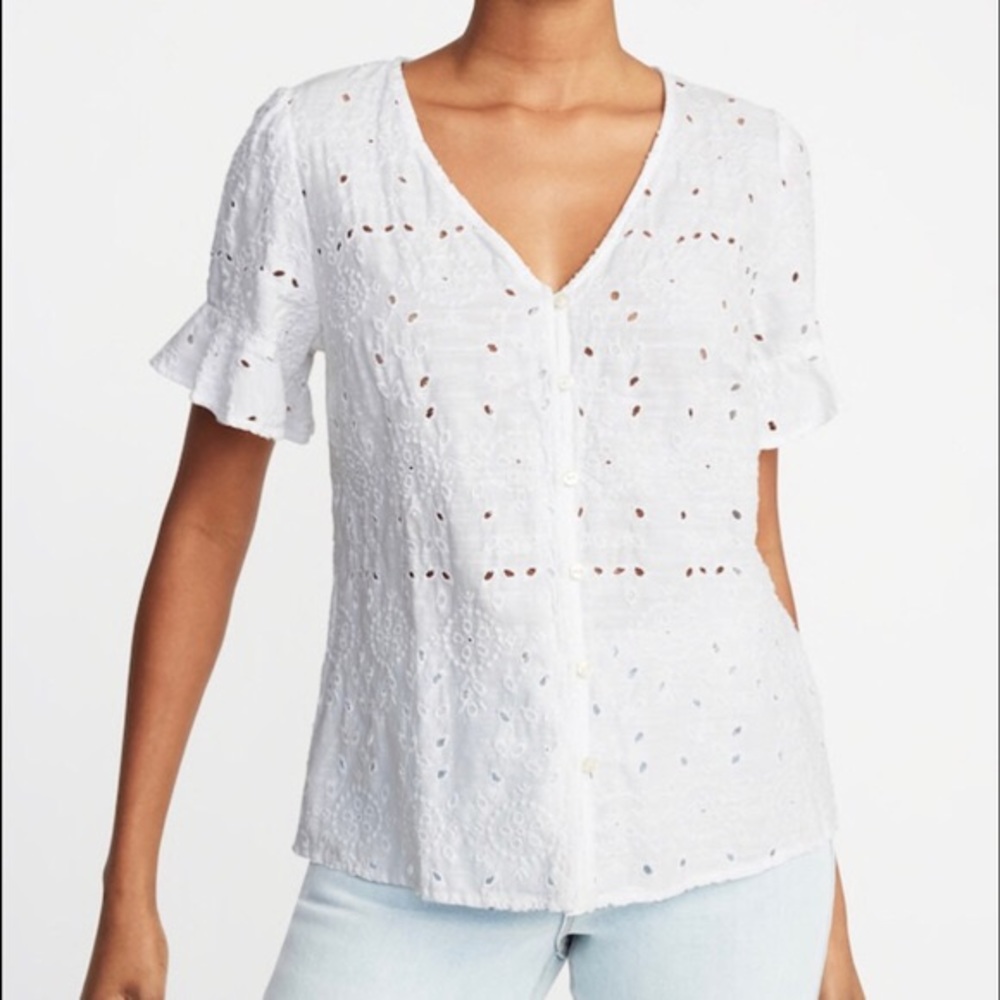 Old Navy V-Neck Button-Front Cutwork Blouse